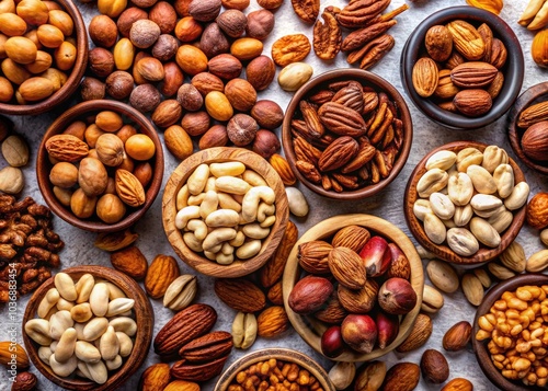 Low light photography captures almonds, cashews, walnuts, hazelnuts, and pecans, showcasing their textures and colors in a minimalist, rustic still life that highlights healthy, delicious snacks.