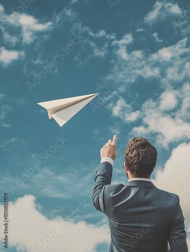 Businessman Launching Paper Airplane Towards Distant Target  Representing Careful Launch of Ideas Aimed at Achieving Goals