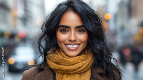 A woman with long black hair and a yellow scarf is smiling. She is wearing a brown coat and she is happy