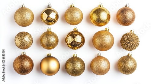 A collection of glittery and glossy golden baubles arranged in a circle, isolated on a white background, highlighting their festive shimmer and shine.