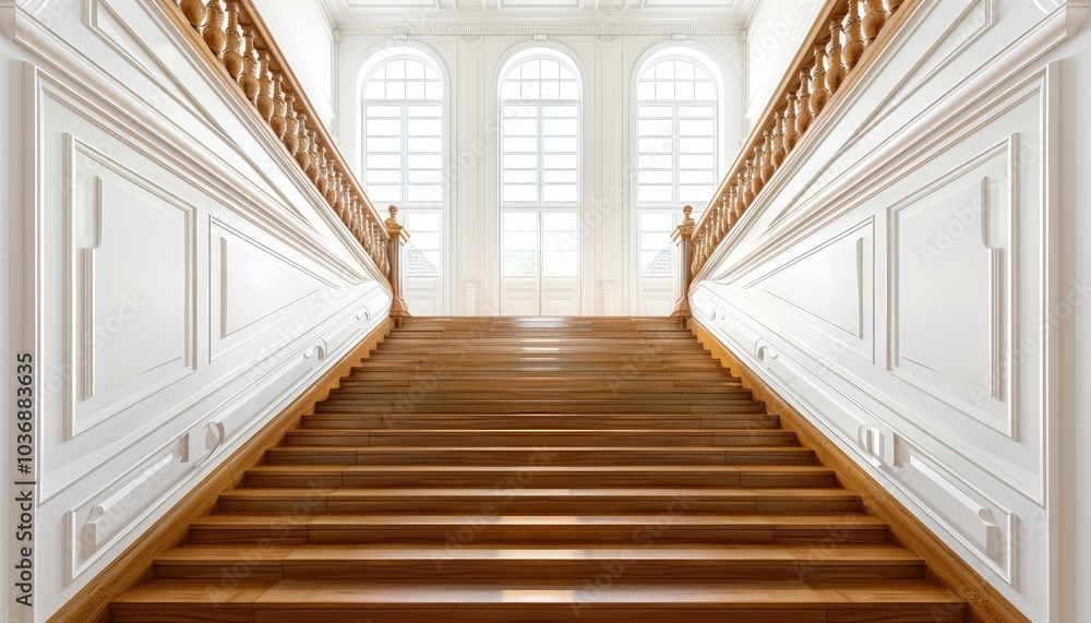 Wooden Staircase in a Classic White Interior with Arched Windows Wooden Staircase in a Classic White Interior with Arched Windows