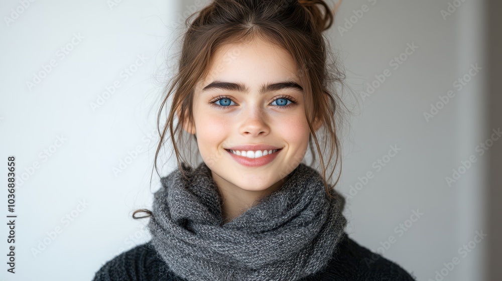A woman with a scarf around her neck and blue eyes. She is smiling and looking at the camera A woman with a scarf around her neck and blue eyes. She is smiling and looking at the camera
