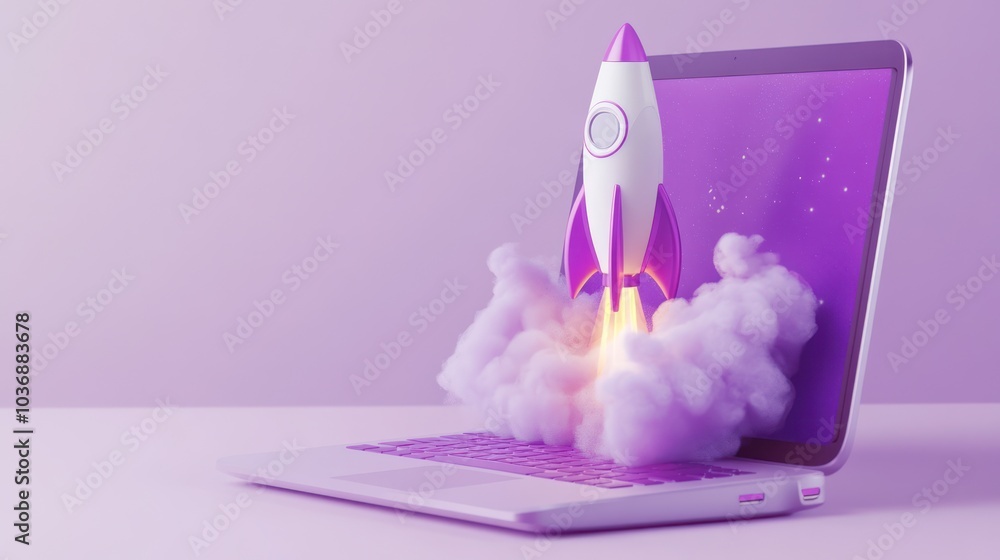 Laptop Rocket Launch: Conceptual Illustration of a Purple Rocket Taking Off from a Laptop Screen Laptop Rocket Launch: Conceptual Illustration of a Purple Rocket Taking Off from a Laptop Screen