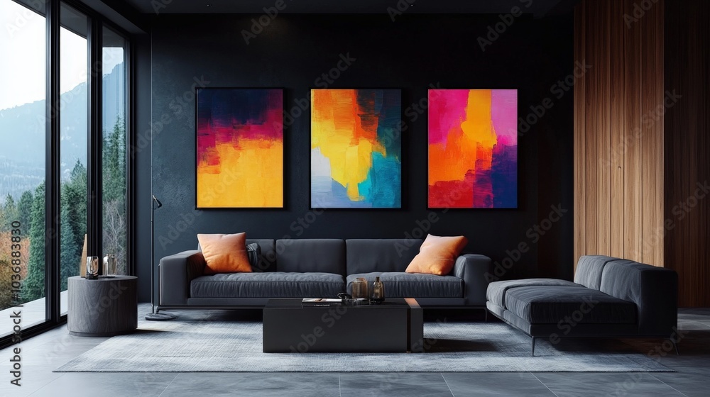 Fototapeta premium A contemporary living room design with three vibrant square canvas paintings framed on a dark black wall, paired with a comfortable gray sofa, creating a rich and elegant gallery layout.