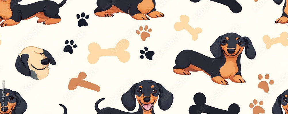 Cute dachshund dog seamless pattern with paw prints and bones on white background. Cute dachshund dog seamless pattern with paw prints and bones on white background.