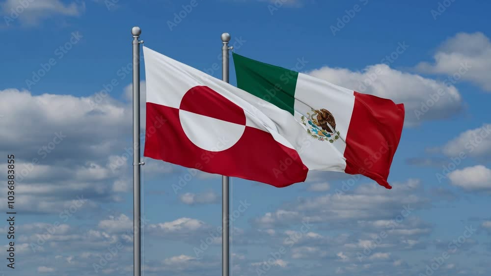 Mexico and Greenland flags flying together, video concept of the relationship, two country relations concept Mexico and Greenland flags flying together, video concept of the relationship, two country relations concept