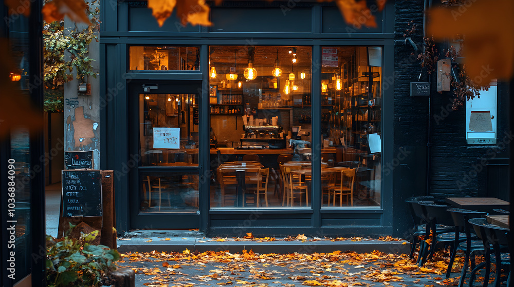 Cozy café with warm lighting, inviting atmosphere, visible from outside through large windows. Cozy café with warm lighting, inviting atmosphere, visible from outside through large windows.