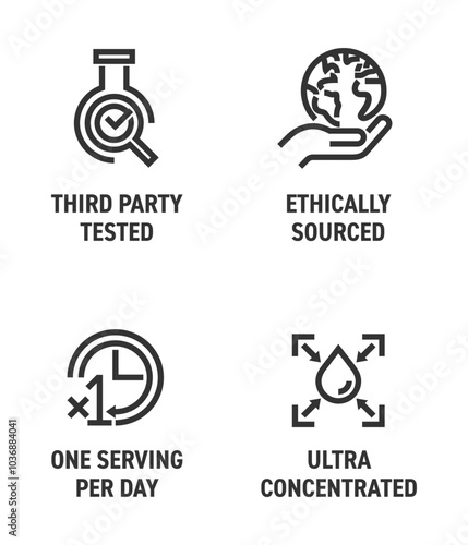 Ultra concentrated, One serving per day, Ethically sourced, Third party tested. Icons in bold line