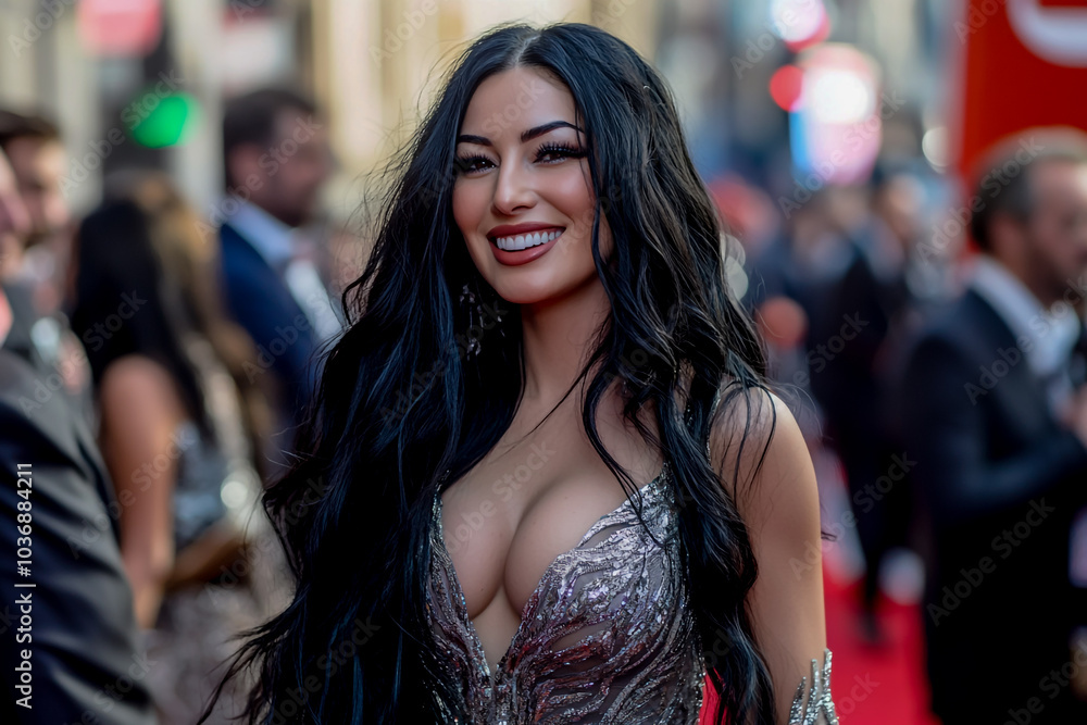 Full-body photo of a woman in an elegant dress with silver details and long black hair. Full-body photo of a woman in an elegant dress with silver details and long black hair.