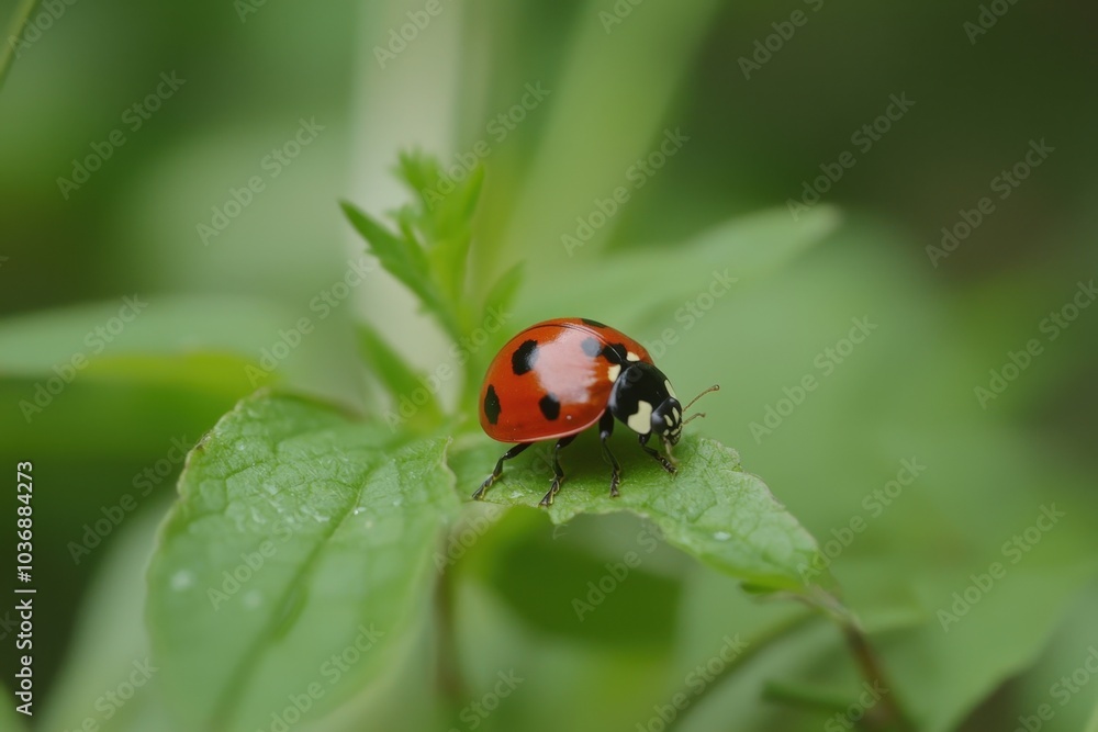 A vibrant ladybug perched gracefully on a dew-kissed green leaf in nature's embrace A vibrant ladybug perched gracefully on a dew-kissed green leaf in nature's embrace