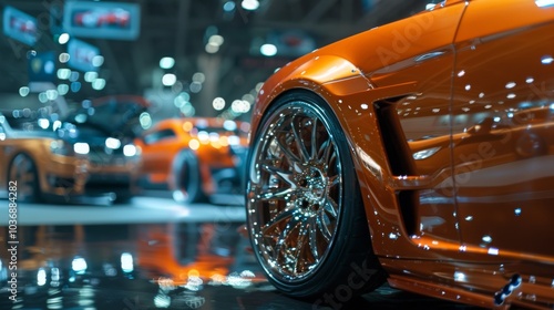 orange sports car showcasing polished chrome and sleek tires at an auto show shows off its intricate wheel design