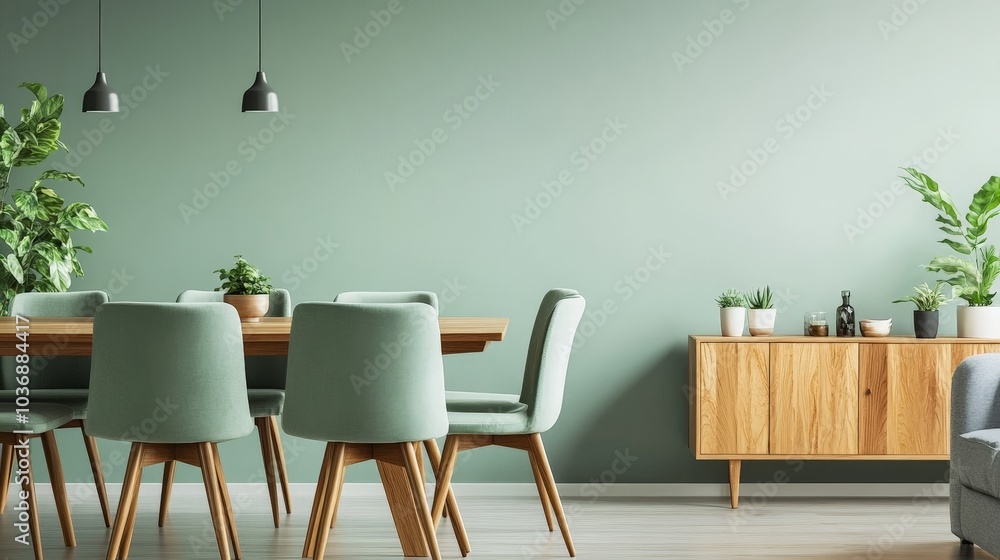 A cozy dining area with mint green chairs placed around a wooden dining table, situated near a soft green wall, with a comfortable grey sofa and a stylish wooden cabinet. A cozy dining area with mint green chairs placed around a wooden dining table, situated near a soft green wall, with a comfortable grey sofa and a stylish wooden cabinet.