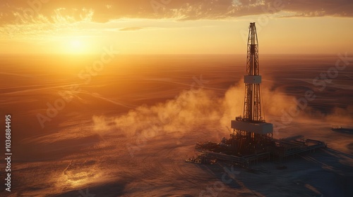 A majestic oil derrick standing tall in the heart of an expansive desert