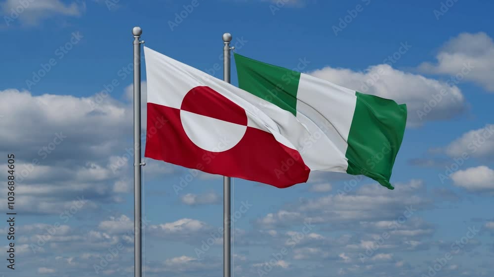 Nigeria and Greenland flags flying together, video concept of the relationship, two country relations concept Nigeria and Greenland flags flying together, video concept of the relationship, two country relations concept