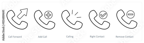 A set of 5 mix icons as call forward, add call, calling