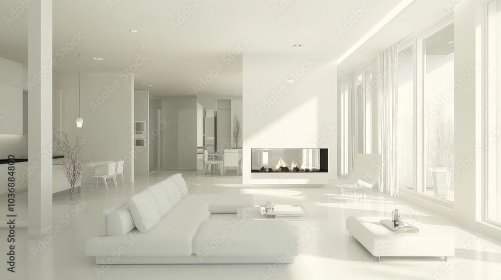 A cozy white apartment living room with a modern fireplace, white walls, and minimalist white furniture, creating a sophisticated yet welcoming environment. A cozy white apartment living room with a modern fireplace, white walls, and minimalist white furniture, creating a sophisticated yet welcoming environment.
