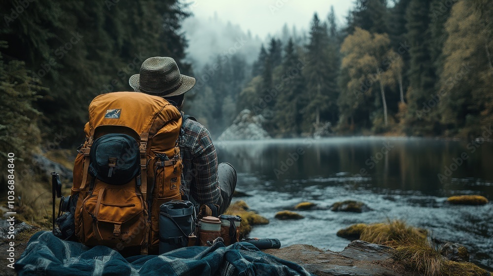 Hiker Taking a Break Beside a Serene River and Lush Forest with Companion in Distance. Hiker Taking a Break Beside a Serene River and Lush Forest with Companion in Distance.