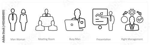 A set of 5 mix icons as man woman, meeting room, busy man