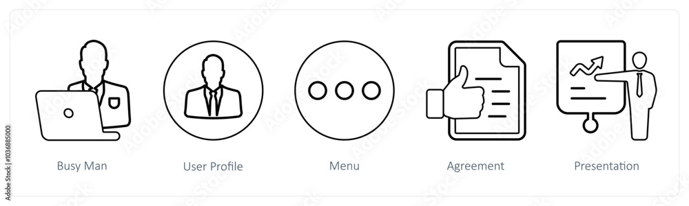 A set of 5 mix icons as busy man, user profile, menu A set of 5 mix icons as busy man, user profile, menu