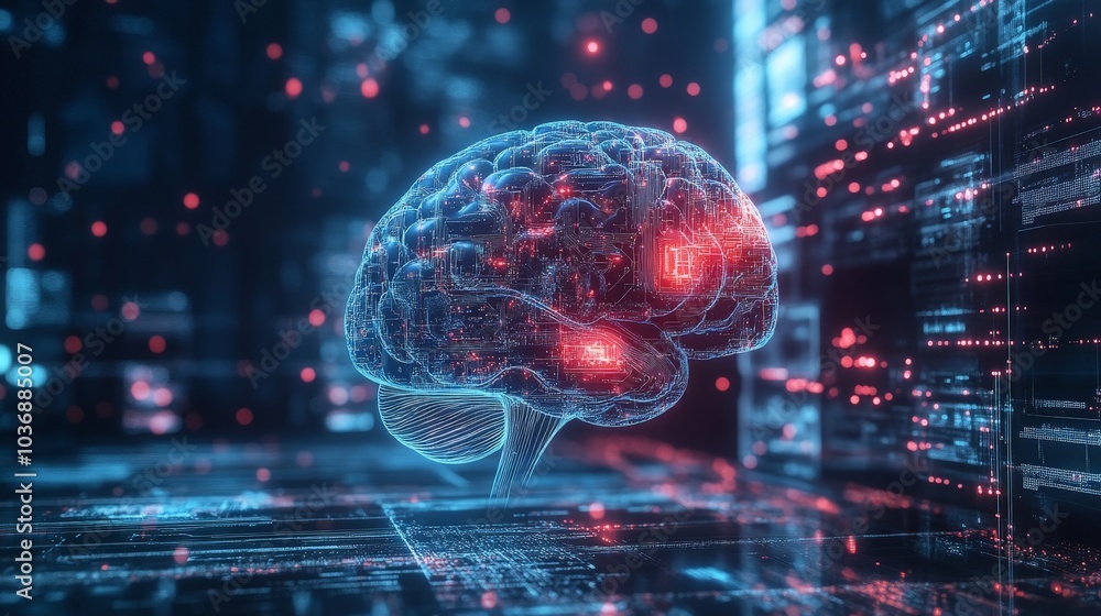 A creative rendering of an AI brain intertwined with digital lines representing data analysis, cloud computing, and automation, showcasing the power of deep learning and digital transformation. A creative rendering of an AI brain intertwined with digital lines representing data analysis, cloud computing, and automation, showcasing the power of deep learning and digital transformation.