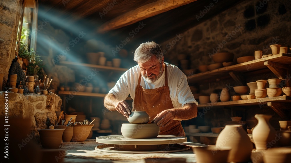 Artisan Shaping Clay in a Rustic Pottery Studio Artisan Shaping Clay in a Rustic Pottery Studio