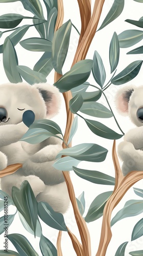 Sleepy koalas with eucalyptus leaves photo