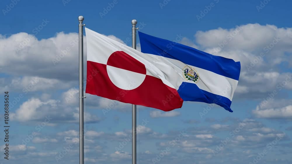 Republic of El Salvador and Greenland flags flying together, video concept of the relationship, two country cooperation concept