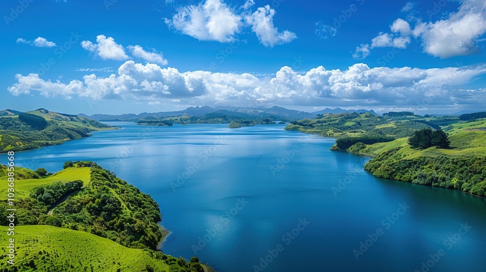 Serene landscape of lake surrounded by rolling green hills, tranquil atmosphere Serene landscape of lake surrounded by rolling green hills, tranquil atmosphere