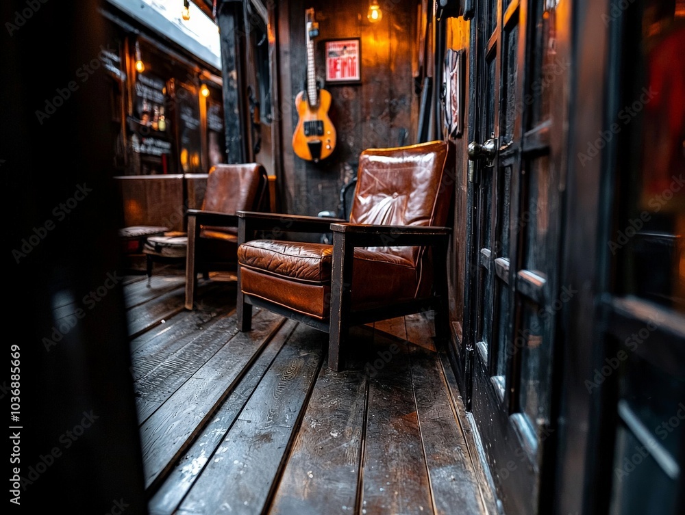A rustic speakeasy hidden behind a secret door, bathed in warm, golden light with leather chairs and jazz music filling the air, creating an intimate, mysterious atmosphere A rustic speakeasy hidden behind a secret door, bathed in warm, golden light with leather chairs and jazz music filling the air, creating an intimate, mysterious atmosphere