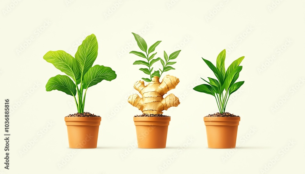 Three vibrant potted plants on a light background, showcasing fresh greenery and rich soil for a refreshing indoor garden vibe. Three vibrant potted plants on a light background, showcasing fresh greenery and rich soil for a refreshing indoor garden vibe.