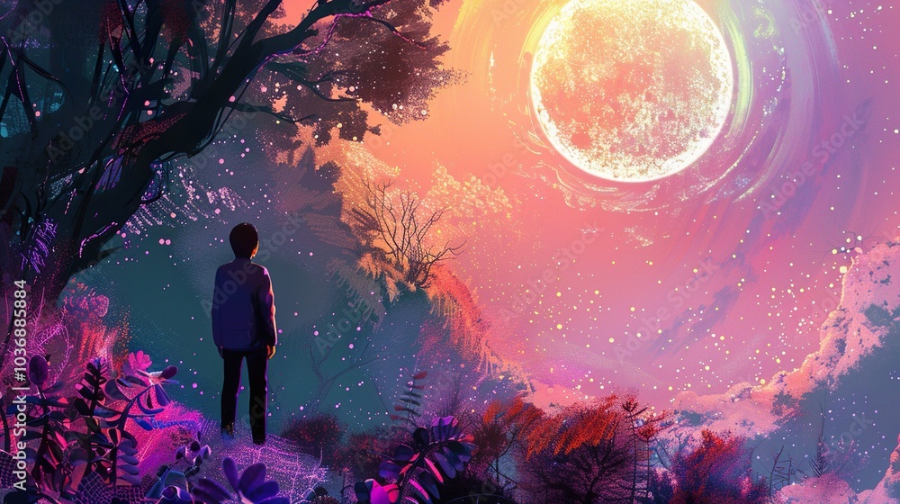 Man Silhouetted Against a Dreamy Night Sky with a Glowing Moon Man Silhouetted Against a Dreamy Night Sky with a Glowing Moon