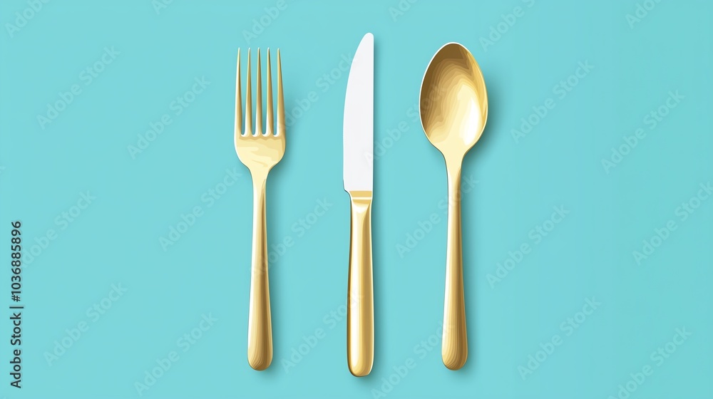 Gold cutlery set on a turquoise background, including a fork, knife, and spoon. Gold cutlery set on a turquoise background, including a fork, knife, and spoon.