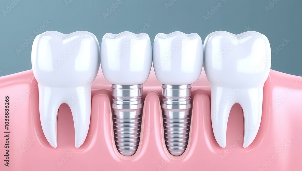 A detailed dental model of teeth with one single tooth replaced by an elegant metallic dental implant A detailed dental model of teeth with one single tooth replaced by an elegant metallic dental implant