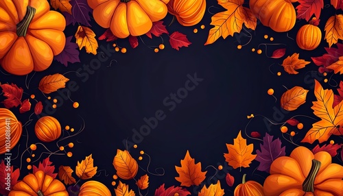 A vibrant display of pumpkins and autumn leaves on a dark background, perfect for fall-themed designs. photo