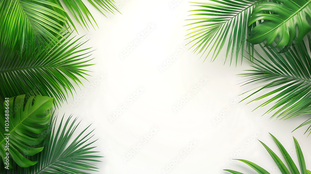 Green monstera and palm leaves, on a white background, showcase tropical foliage with negative space. Green monstera and palm leaves, on a white background, showcase tropical foliage with negative space.
