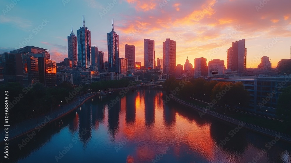 Fototapeta premium A drone shot of a modern city skyline at dusk, with reflections of skyscrapers shimmering on a nearby river and the sky painted in warm tones of orange and pink.