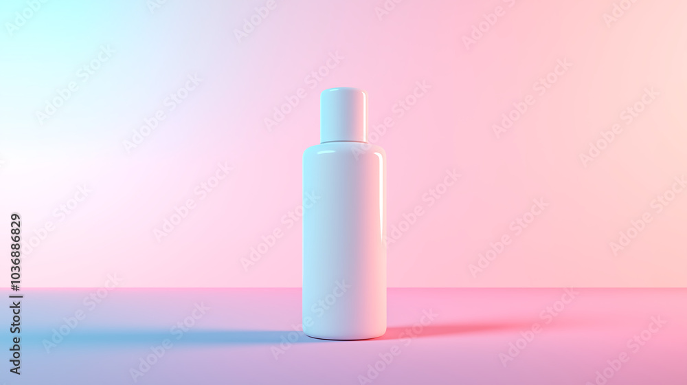 Minimalist white bottle standing on a pastel gradient background with soft pink and blue lighting, ideal for cosmetic or product packaging mockups Minimalist white bottle standing on a pastel gradient background with soft pink and blue lighting, ideal for cosmetic or product packaging mockups