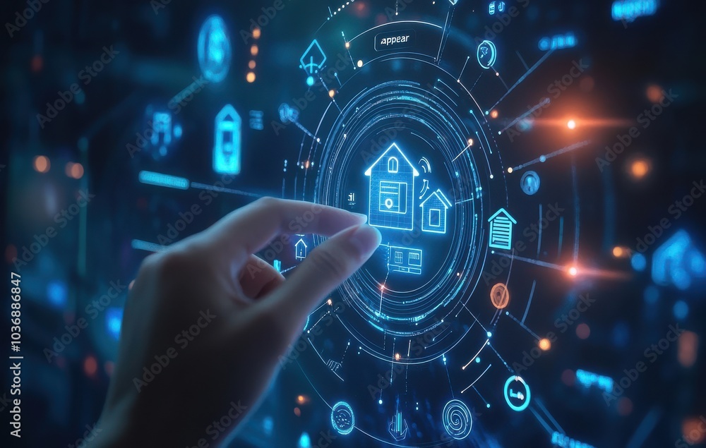 Interactive smart home technology interface with a hand engaging with futuristic display, showcasing innovative control options Interactive smart home technology interface with a hand engaging with futuristic display, showcasing innovative control options
