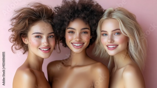 Three women with different hair colors and styles are smiling for the camera. Concept of happiness and positivity, as the women appear to be enjoying their time together. The different hair colors