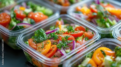 Top view of close-up of multiple healthy vegetable salad lunch boxes in plastic. A great choice for diet and take away food