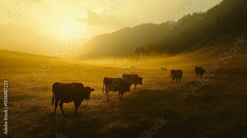Wallpaper Mural A dynamic shot of cows walking across an alpine field at dawn, their silhouettes framed against the soft, golden light of the rising sun and mist rolling through the valley. Torontodigital.ca