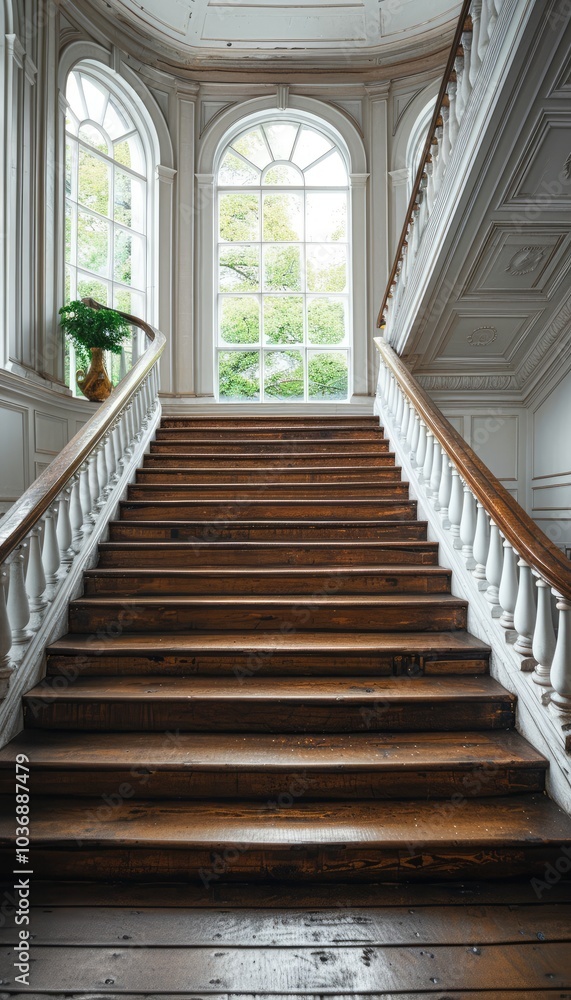 Wooden Staircase with White Banisters and a Window View Wooden Staircase with White Banisters and a Window View