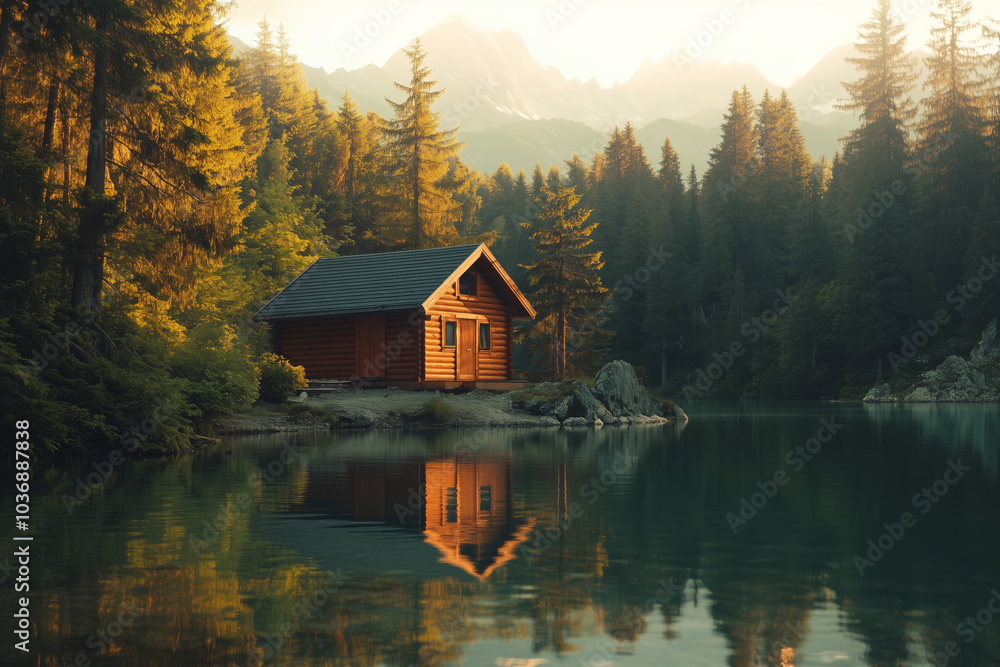 A small minimalist wooden house surrounded by high trees in an autumn forest by the lake, and with some mountains in the background A small minimalist wooden house surrounded by high trees in an autumn forest by the lake, and with some mountains in the background