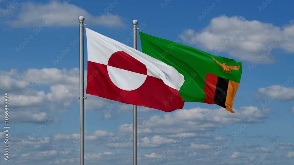 Zambia and Greenland flags flying together, video concept of the relationship, two country cooperation concept Zambia and Greenland flags flying together, video concept of the relationship, two country cooperation concept