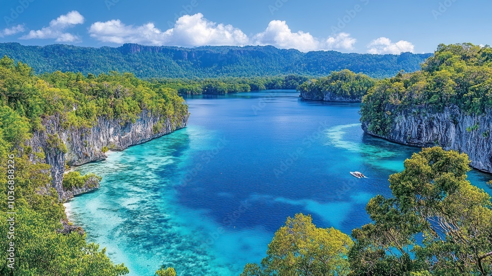 Naklejka premium Serene tropical landscape with clear blue waters.