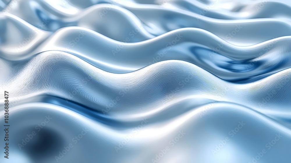 Naklejka premium An abstract image depicting smooth, flowing waves of shimmering blue fabric, creating a serene and calming atmosphere with light reflections.