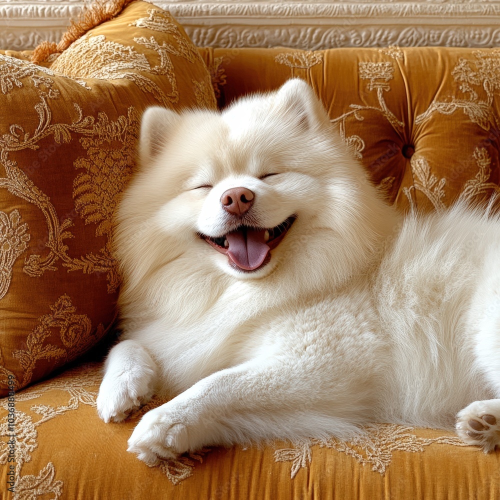 A fluffy white dog joyfully lounging on an ornate yellow couch in a cozy living room A fluffy white dog joyfully lounging on an ornate yellow couch in a cozy living room
