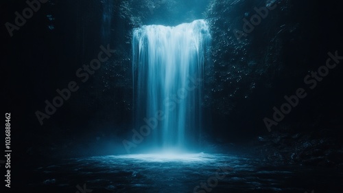 Serene waterfall cascading in a dark forest.