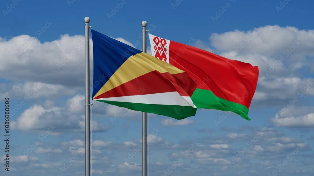 Belarus and Seychelles flags flying together, video concept of the relationship, two country cooperation concept Belarus and Seychelles flags flying together, video concept of the relationship, two country cooperation concept