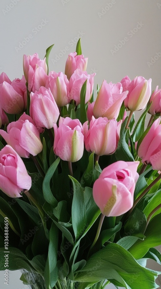 Fototapeta premium Delicate pink tulips in a lush bouquet, bringing spring's charm into a bright home setting